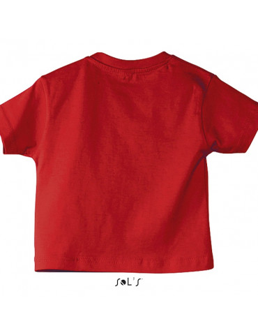 Tshirt rouge en coton avec le bébé motard assis portant un casque bleu - Vue de dos