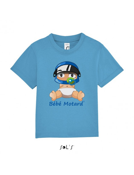 Tshirt bleu en coton avec le bébé motard assis portant un casque bleu - Vue de face avec le dessin