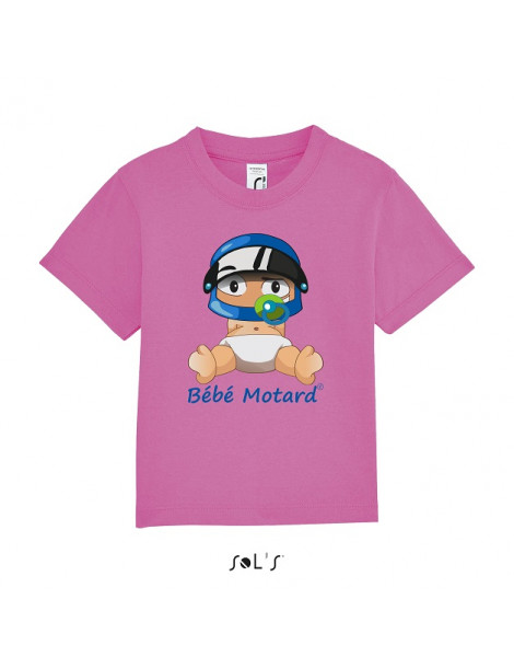 Tee-shirt rose en coton avec le moutard assis portant un casque bleu - Vue de face avec le dessin