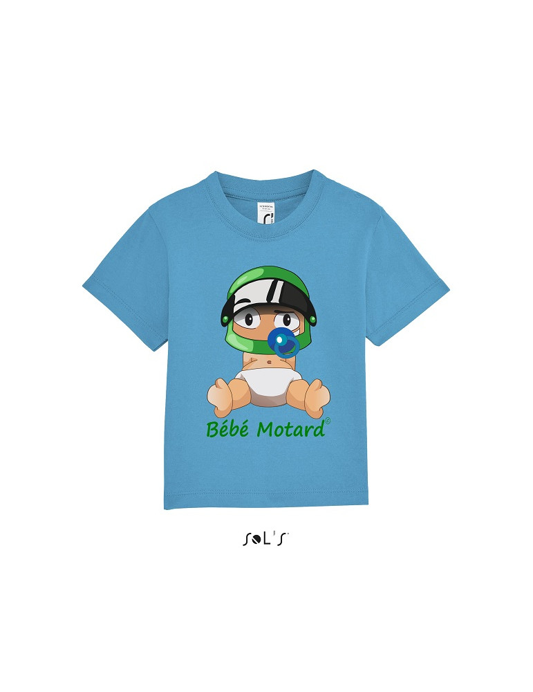 Tee-Shirt bleu Bébé Motard en coton  Mosquitos Casque Vert - vue de face