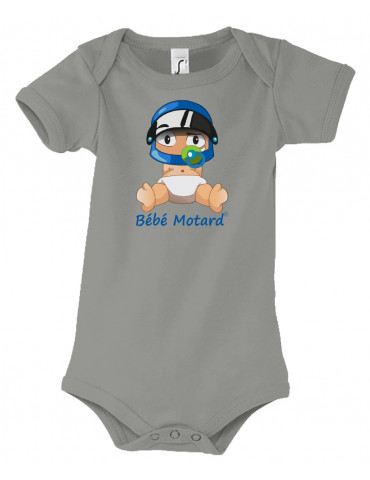 Body Bébé Motard - vue de face avec le Bébé Assis et son casque Casque Bleu - couleur gris