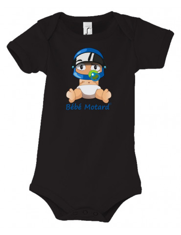 Body Bébé Motard - vue de face avec le Bébé Assis et son casque Casque Bleu - couleur noir