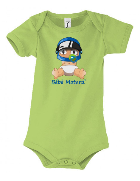 Body Bébé Motard - vue de face avec le Bébé Assis et son casque Casque Bleu - couleur vert