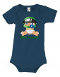 Body Bébé Motard - Vue de face avec le motif - bébé assis portant un casque vert - couleur french marine