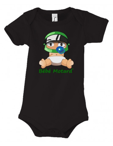 Body Bébé Motard - Vue de face avec le motif - bébé assis portant un casque vert - couleur noir