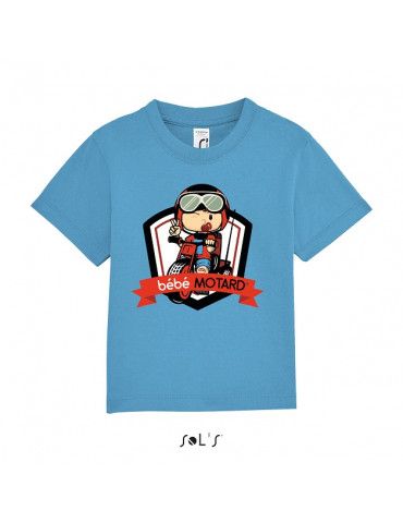 Tee-shirt Bébé Motard Mosquitos - vue de face avec le motif Tricycle rouge - couleur bleu