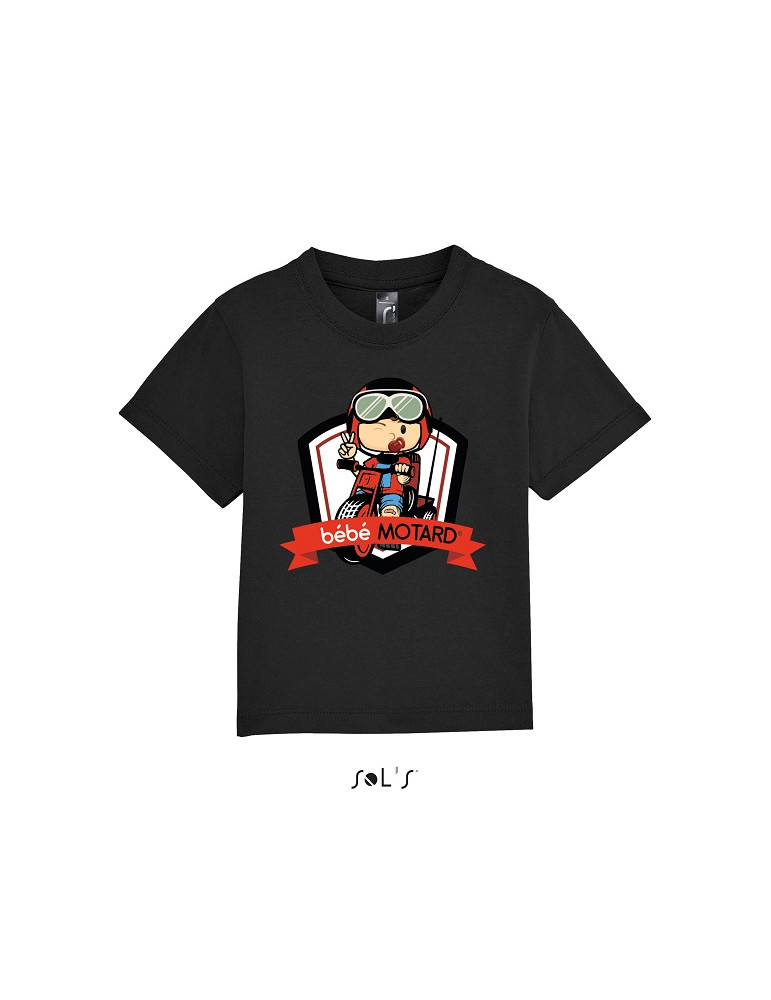 Tee-shirt Bébé Motard Mosquitos - vue de face avec le motif Tricycle rouge - couleur noir