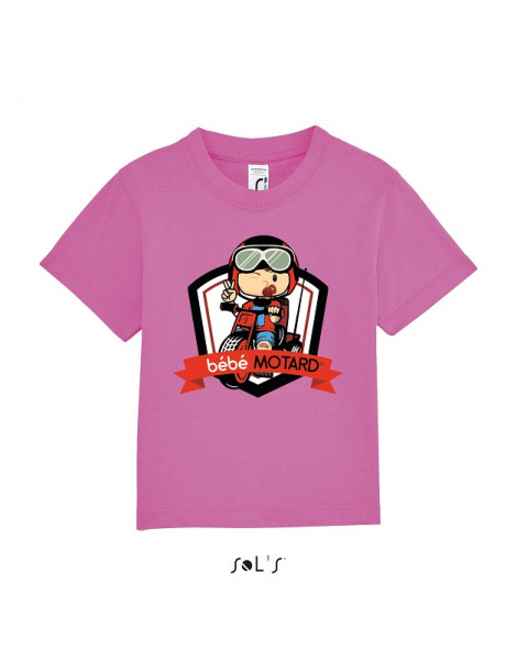 Tee-shirt Bébé Motard Mosquitos - vue de face avec le motif Tricycle rouge - couleur rose
