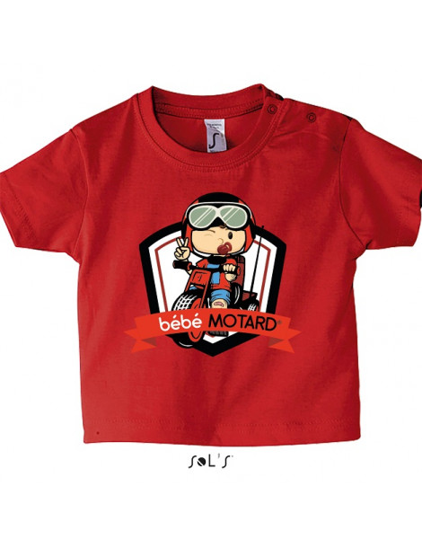 Tee-shirt Bébé Motard Mosquitos - vue de face avec le motif Tricycle rouge - couleur rouge
