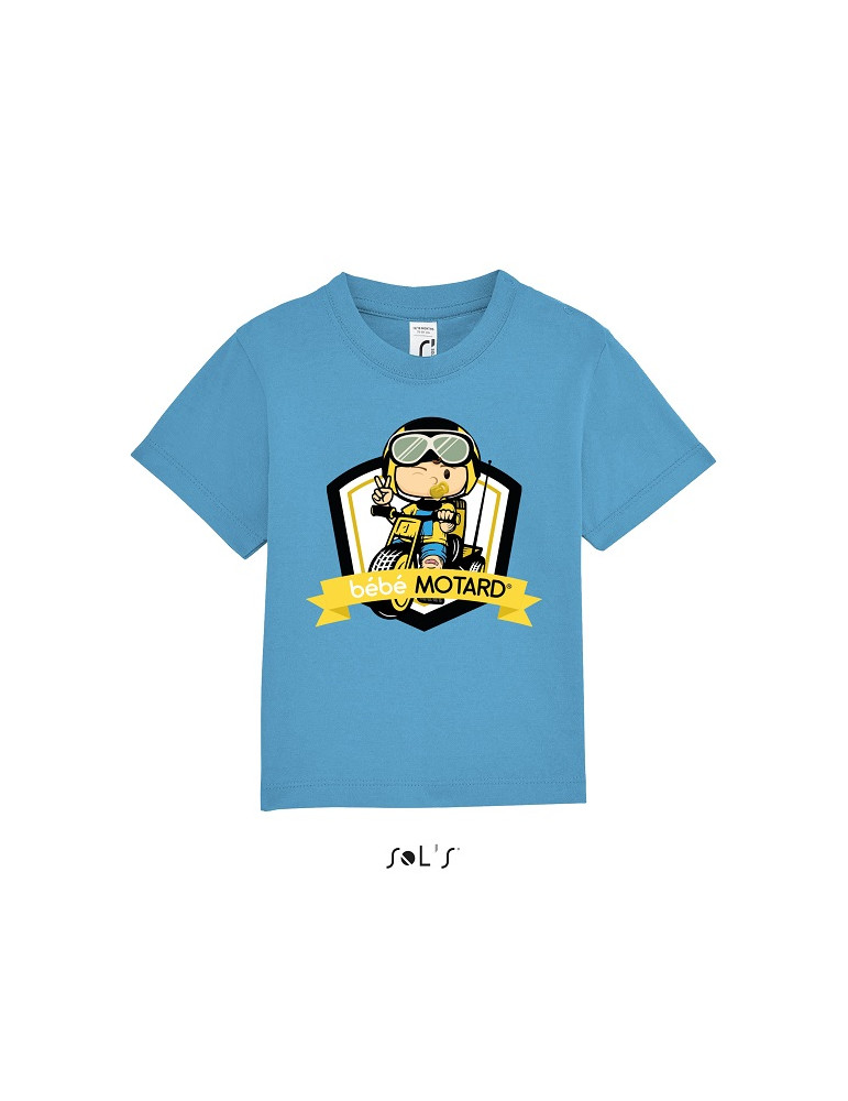 Tee-shirt Bébé Motard Mosquitos - vue de face avec le motif Tricycle jaune - couleur bleu