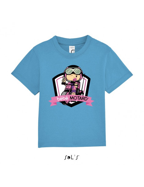 Tee-shirt Bébé Motard Mosquitos - vue de face avec le motif Tricycle rose - couleur bleu