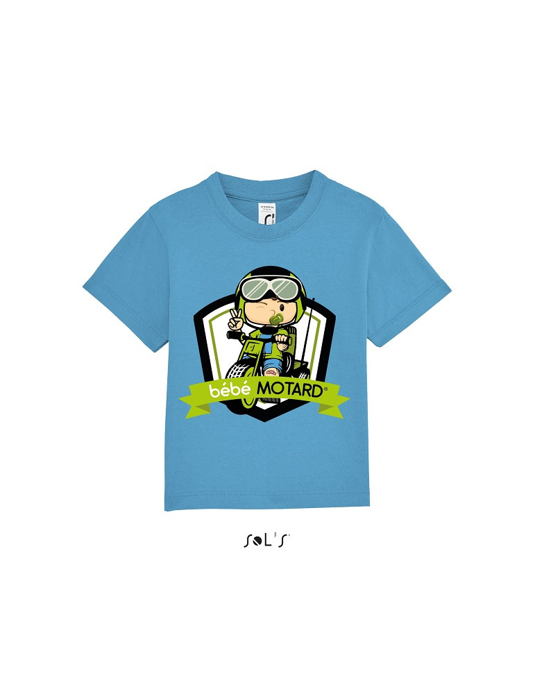 Tee-shirt Bébé Motard Mosquitos - vue de face avec le motif Tricycle vert - couleur bleu