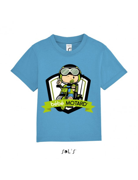 Tee-shirt Bébé Motard Mosquitos - vue de face avec le motif Tricycle vert - couleur bleu