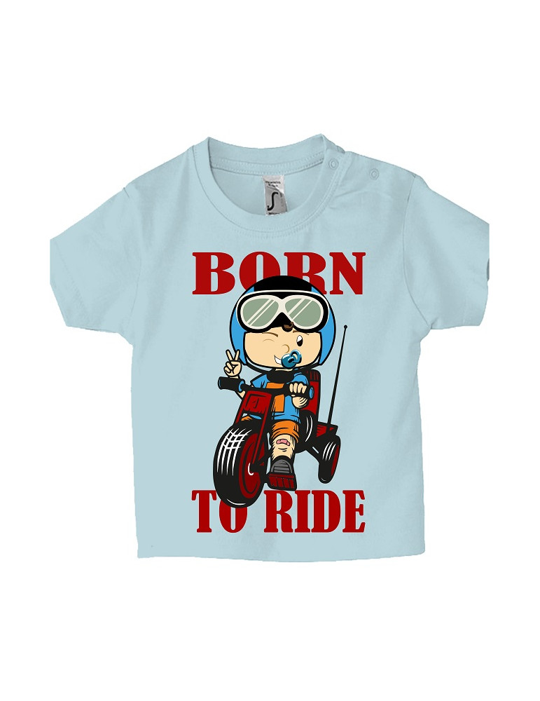 Tee Shirt Bébé Motard Mosquitos -  Born to Ride - vue de face - bleu pale