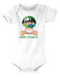 Body Bébé Motard - vue de face avec le Bébé Assis et son casque vert - couleur  blanc - Coton biologique - Organic Bambino