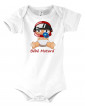 Body Bébé Motard - vue de face avec le Bébé Assis et son casque rouge - couleur blanc - Coton biologique - Organic Bambino