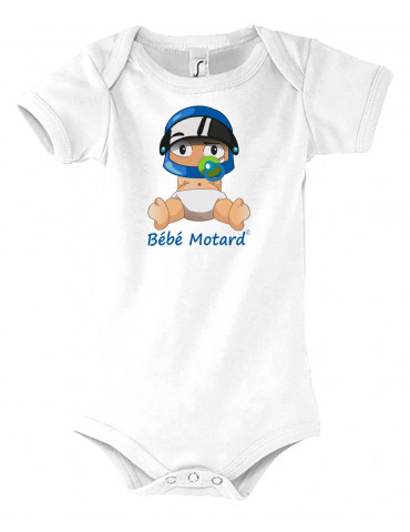 Body Bébé Motard - vue de face avec le Bébé Assis et son casque Casque Bleu - couleur blanc